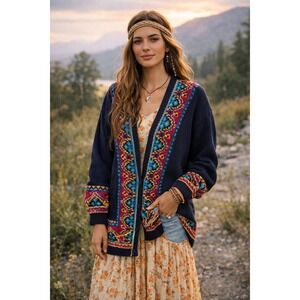 Vintage Knitted by Hand Womens Cardigan Sweater Multicolor Eclectic Grandpa M